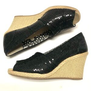 Forever Thankful Sequin Open Toe Wedge Pumps Y2K Womens SZ 7 Black Disco Party